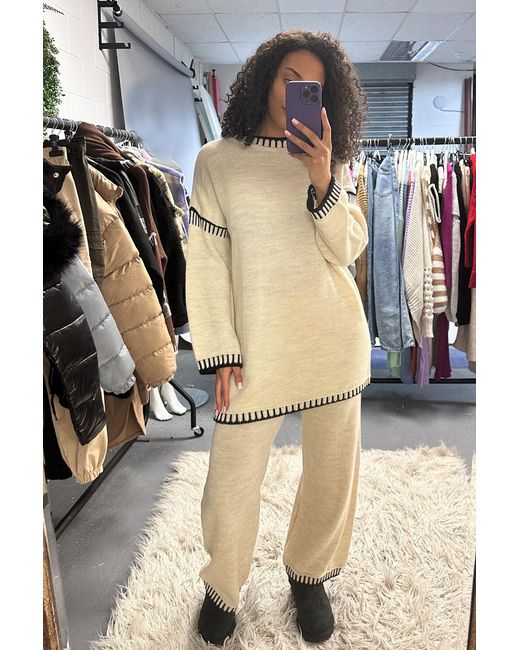 Rebellious Fashion Natural Contrast Stitch Knitted Co-Ord Set