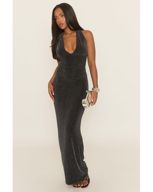 Rebellious Fashion Black Glitter Halterneck Tie Back Maxi Dress