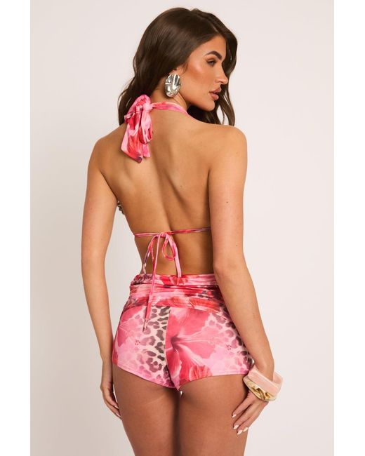 Rebellious Fashion Pink Leopard Plunge Cowl Top & Micro Short Co-Ord Set