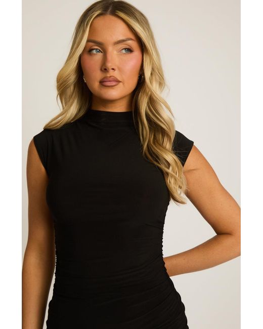 Rebellious Fashion Black Gathered Lace Trim Mini Dress