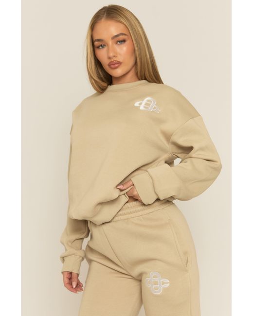 Rebellious Fashion Natural Contrast Motif Jumper And Joggers Loungewear Co-Ord Set