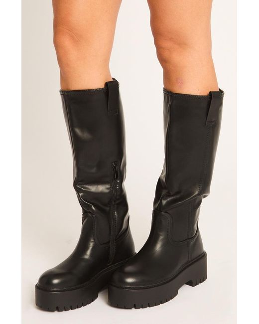Rebellious Fashion Black Pu Chunky Sole Knee High Boots