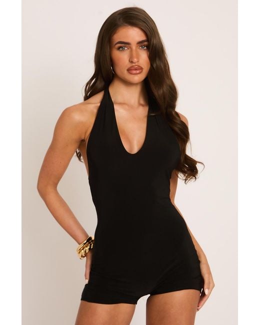Rebellious Fashion Black Plunge Halterneck Playsuit