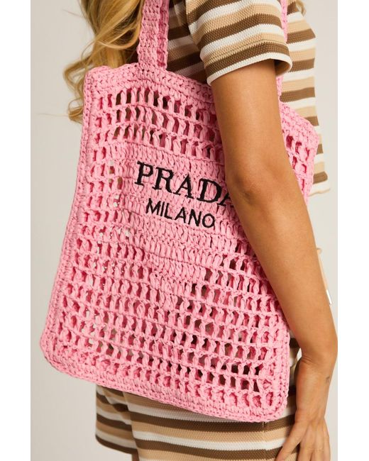 Rebellious Fashion Pink Logo Detail Raffia Tote Bag