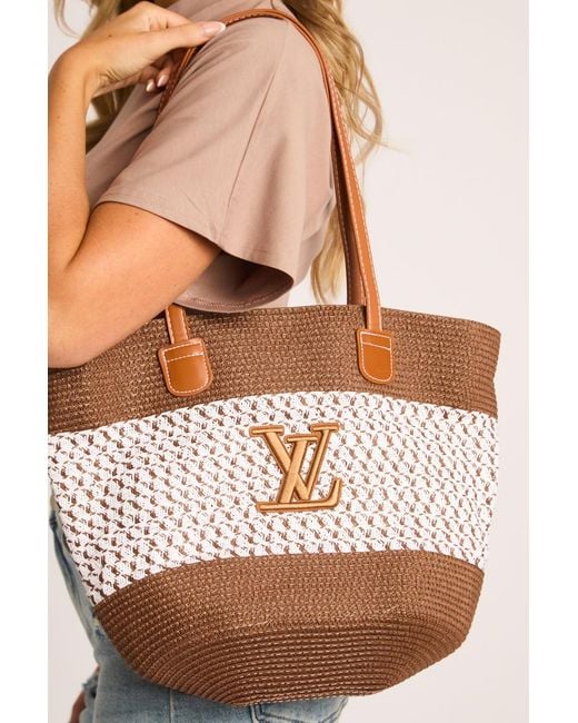 Rebellious Fashion Blue Logo Colour Block Woven Raffia Tote Bag