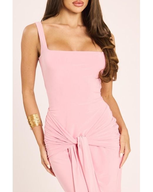 Rebellious Fashion Pink Square Neck Tie Front Midi Dress