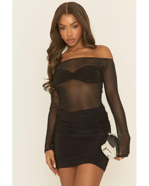 Rebellious Fashion Black Mesh Gathered Bust Bardot Mini Dress