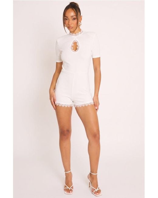 Rebellious Fashion White Shoulder Pad Lace Trim Playsuit
