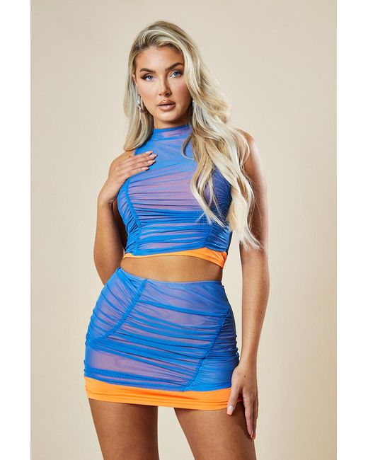 Rebellious Fashion Mesh Ruched Cropped Top Mini Skirt Co ord Set