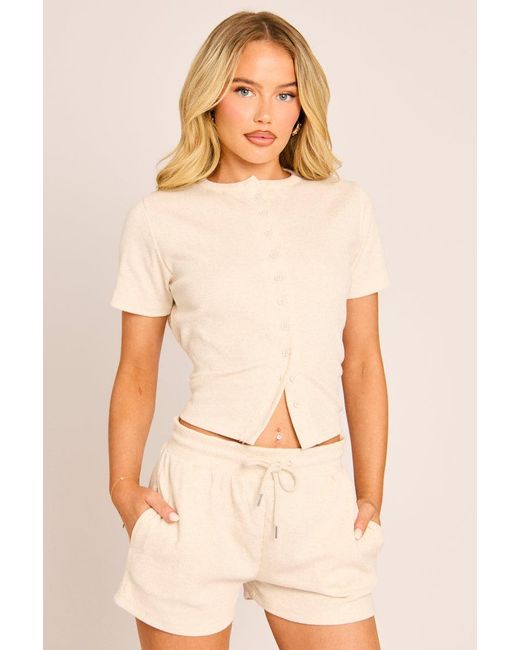 Rebellious Fashion Natural Rib Button Front Top And Short Loungewear Co-Ord Set