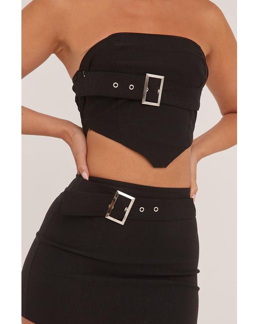 Rebellious Fashion Black Bandeau Belt Detail Cropped Top & Mini Skirt Co-Ord Set