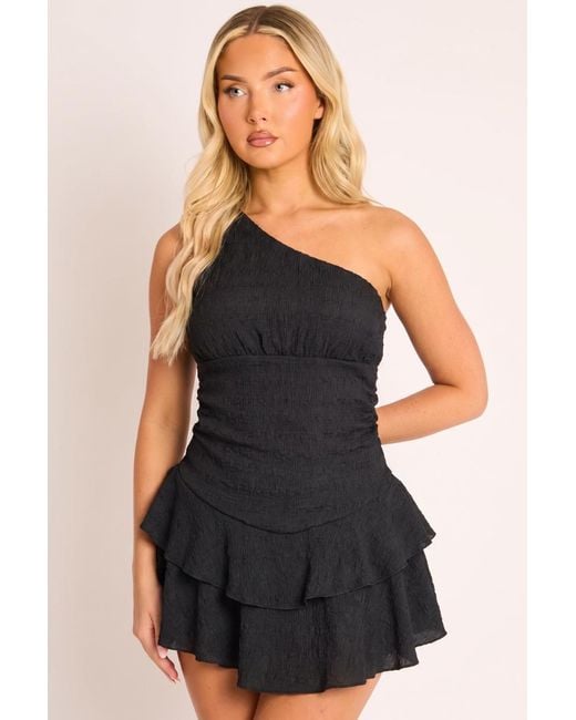 Rebellious Fashion Black One Shoulder Textured Flippy Playsuit