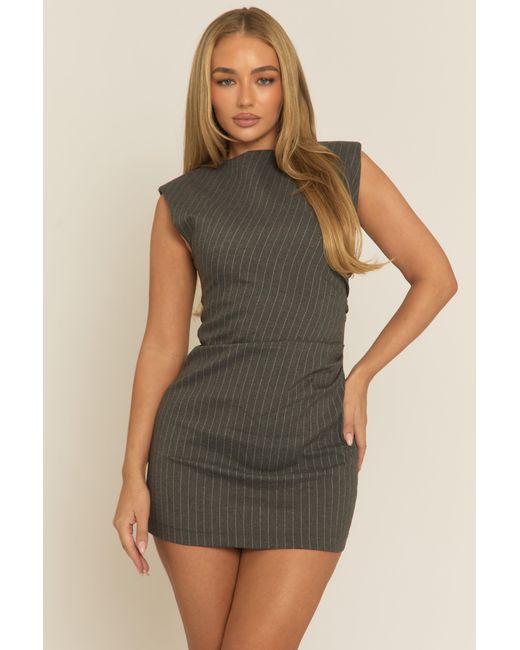 Rebellious Fashion Gray Pinstripe Shoulder Pad Mini Dress