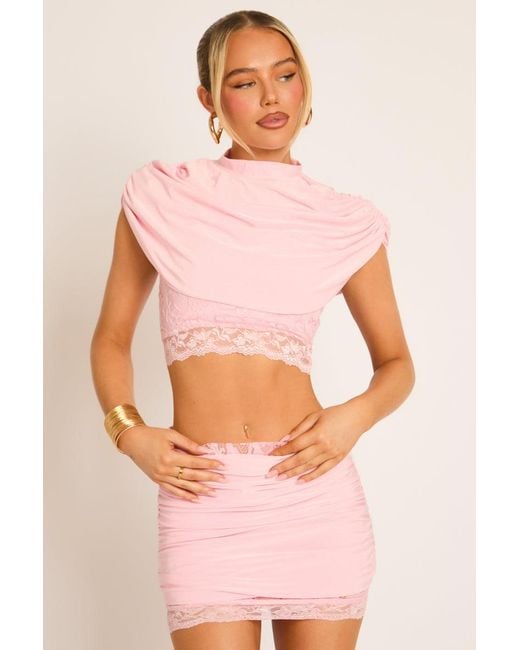 Rebellious Fashion Pink Lace Trim Cape Top And Mini Skirt Co-Ord Set