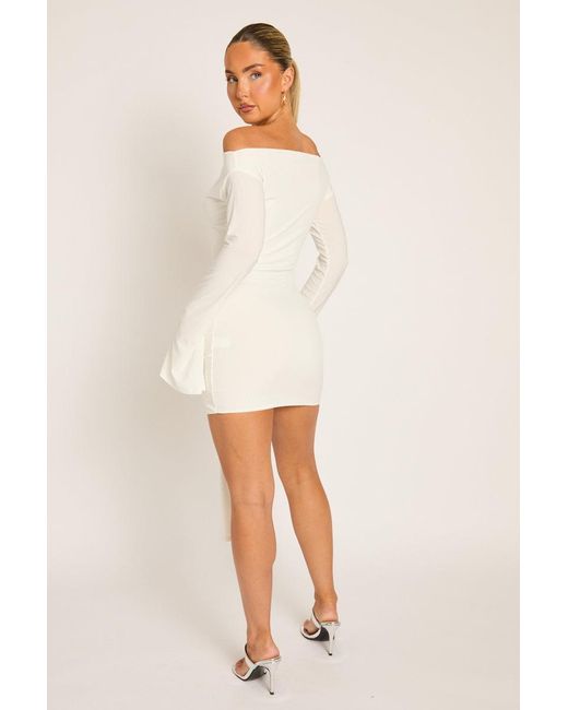 Rebellious Fashion Natural Long Flared Sleeves Drape Detail Bodycon Mini Dress