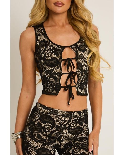 Rebellious Fashion Black Lace Tie Front Top And Capri Pants Co-Ord Set