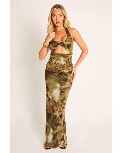 Rebellious Fashion Metallic Abstract Animal Print Cut Out Halter Maxi Dress
