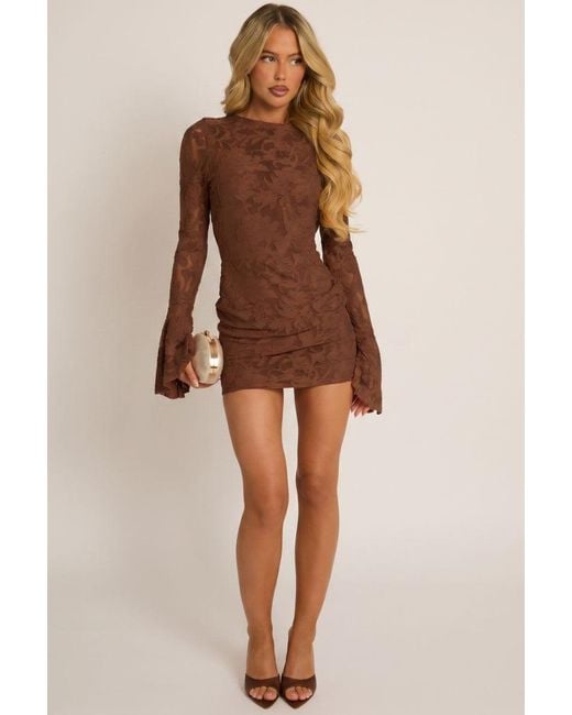 Rebellious Fashion Brown Burnout Floral Flare Sleeve Mini Dress