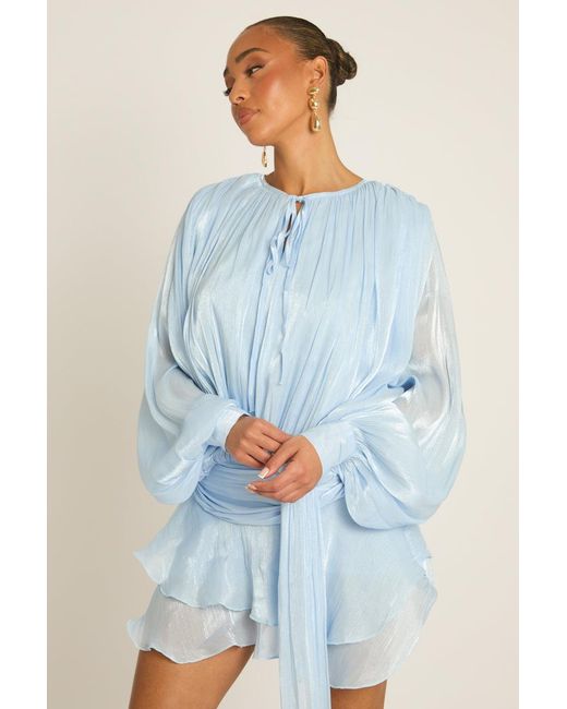 Rebellious Fashion Blue Tie Front Blouson Mini Dress