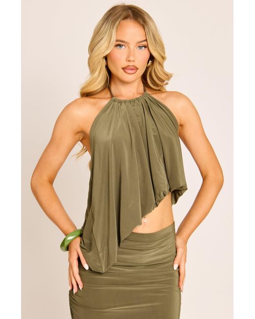 Rebellious Fashion Green Asymmetric Drape Halter Top And Maxi Skirt Co-Ord Set