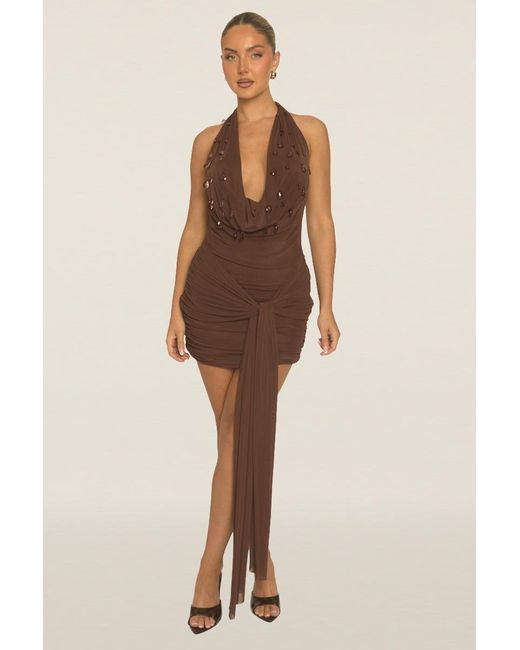 Rebellious Fashion Brown Beaded Cowl Mini Dress