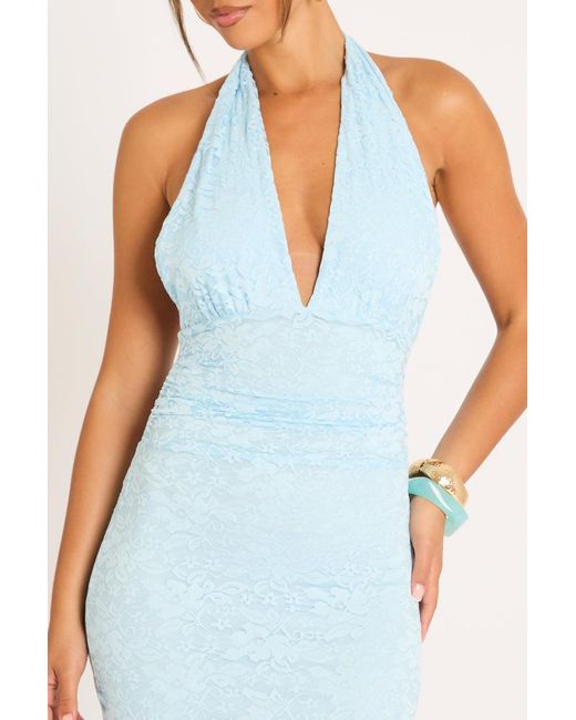 Rebellious Fashion Blue Lace Halter Neck Plunge Tie Back Maxi Dress