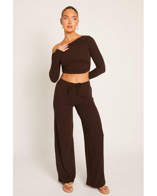 Rebellious Fashion Natural Rib Asymmetric Drawcord Trouser Loungewear Co-Ord Set
