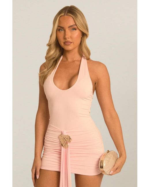 Rebellious Fashion Natural Draped Sash Mini Dress
