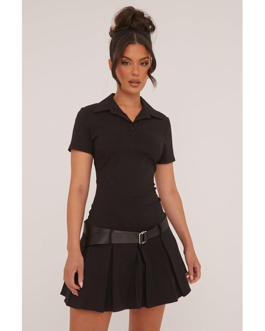 Rebellious Fashion Black Pleated Hem Belt Detail Mini Dress