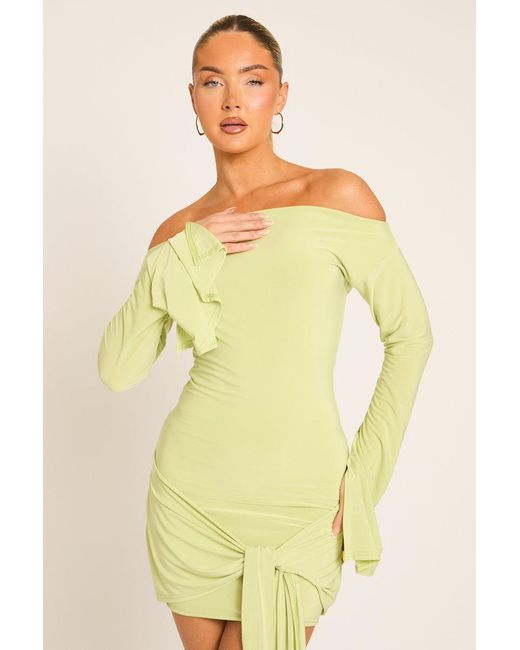 Rebellious Fashion Yellow Long Flared Sleeves Drape Detail Bodycon Mini Dress