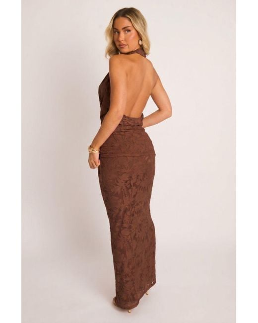 Rebellious Fashion Brown Burnout Floral Cowl Halterneck Top And Maxi Skirt Co-Ord Set