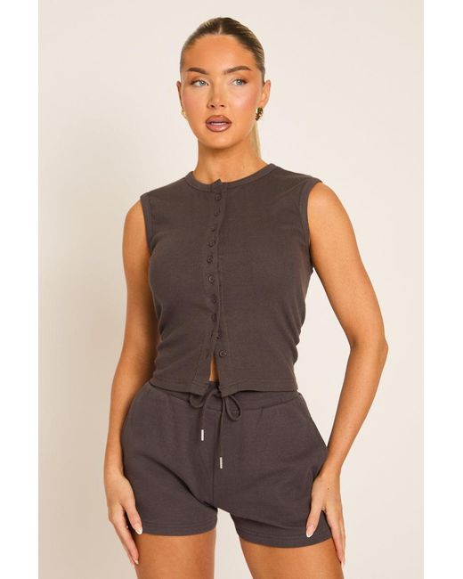 Rebellious Fashion Natural Sleeveless Button Front Rib Top And Short Loungewear Co-Ord Set