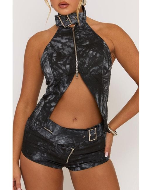 Rebellious Fashion Multicolor Acid Wash Buckle Detail Micro Short