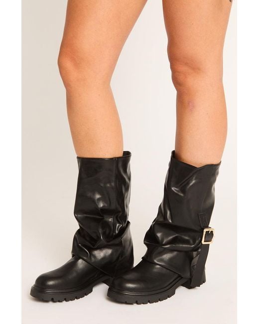 Rebellious Fashion Black Pu Slouchy Layered Buckle Long Biker Boots