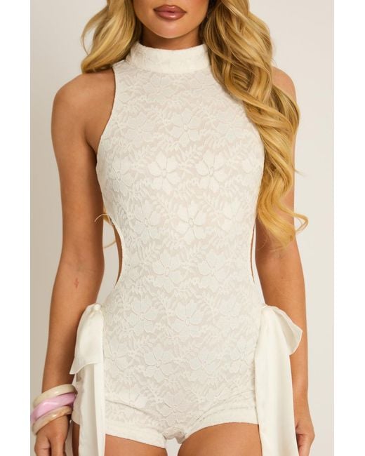 Rebellious Fashion Natural Lace Cut Out Bow Detail Playsuit