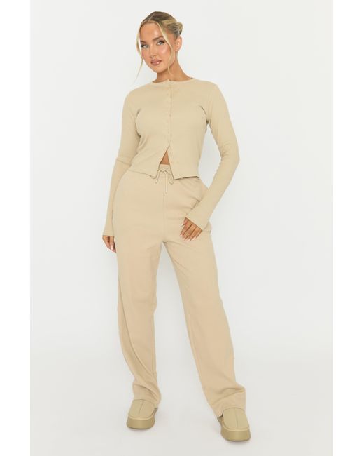 Rebellious Fashion Natural Button Front Long Sleeve Top And Trouser Loungewear Co-Ord Set