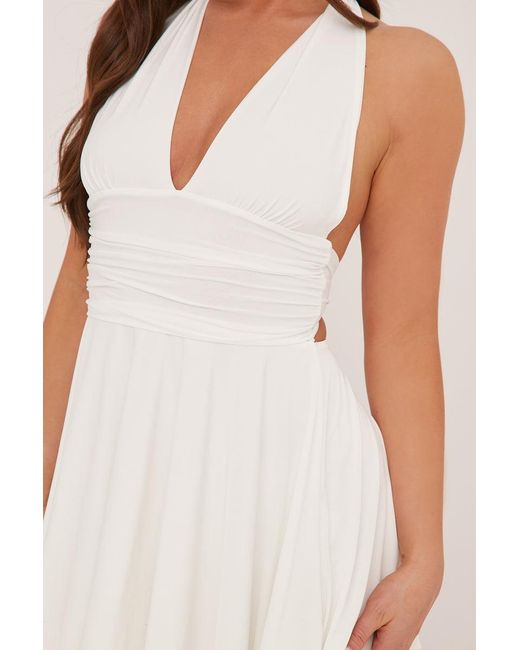 Rebellious Fashion White Halter Plunge Neck Mini Dress