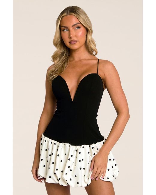 Rebellious Fashion Natural Plunge Polka Dot Puffball Mini Dress