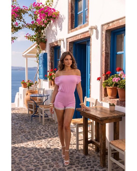 Rebellious Fashion Pink Off Shoulder Bardot Lace Trim Playsuit
