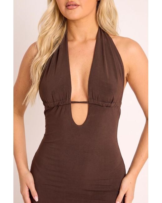 Rebellious Fashion Brown Plunge Keyhole Halter Mini Dress
