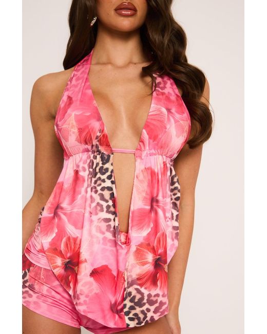 Rebellious Fashion Pink Leopard Plunge Cowl Top & Micro Short Co-Ord Set