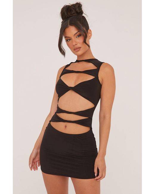 Rebellious Fashion Black Cut Out Front Bodycon Mini Dress