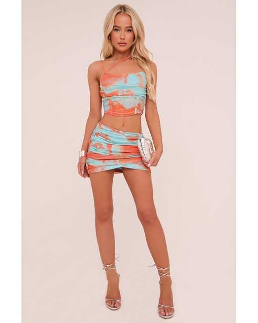 Rebellious Fashion Blue Abstract Print Ruched Crop Top & Mini Skirt Co-Ord Set