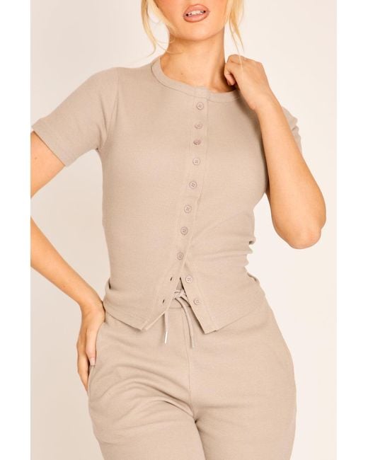 Rebellious Fashion Natural Button Front Short Sleeve Top And Jogger Co-Ord