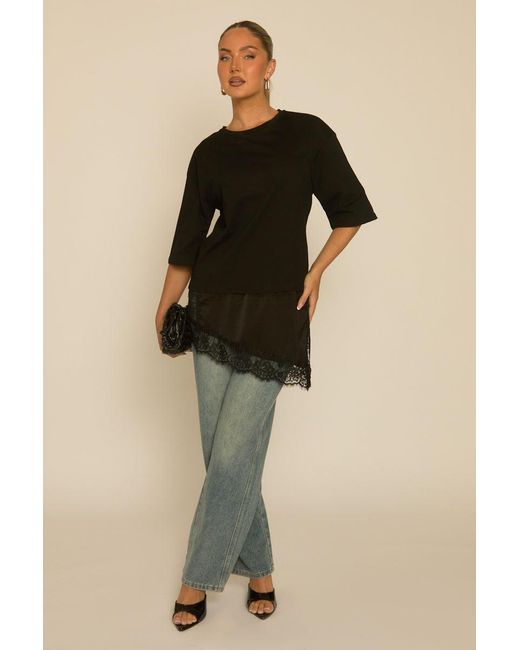 Rebellious Fashion Natural Satin Lace Hem Oversized T-Shirt