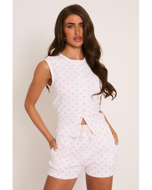 Rebellious Fashion Pink Polka Dot Sleeveless Button Front Rib Top And Short Loungewear Co-Ord Set