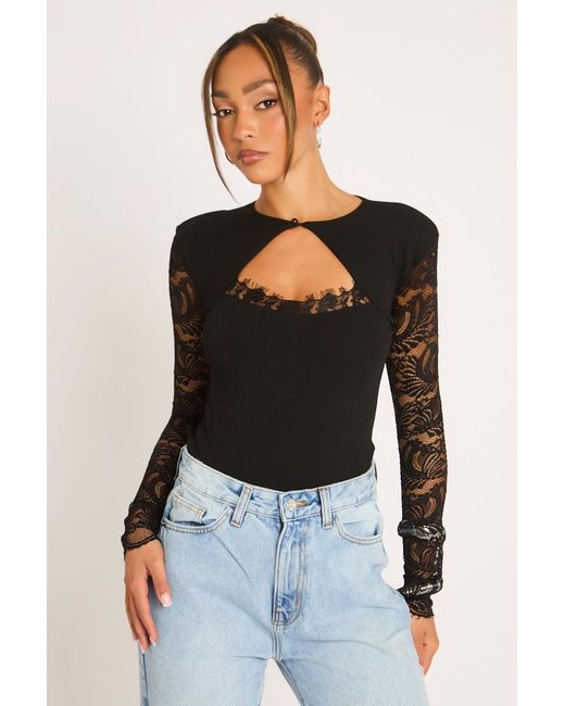 Rebellious Fashion Black Shoulder Pad Lace Long Sleeve Bodysuit