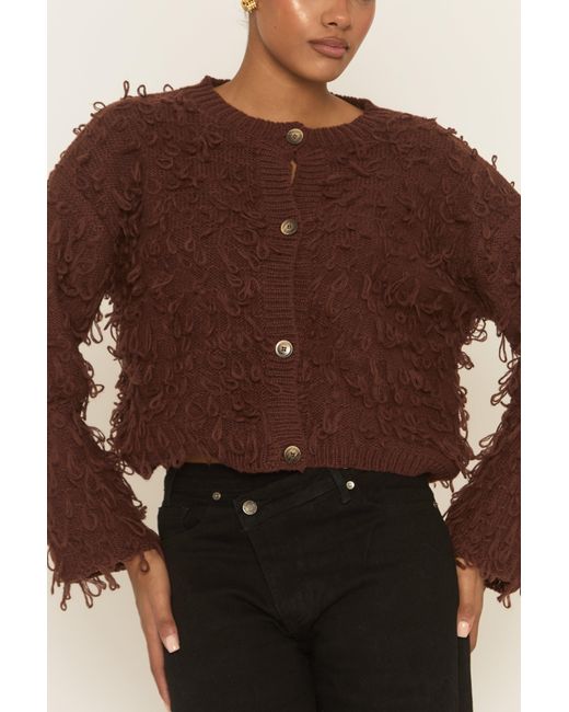 Rebellious Fashion Brown Loop Knit Fringe Button Up Cardigan