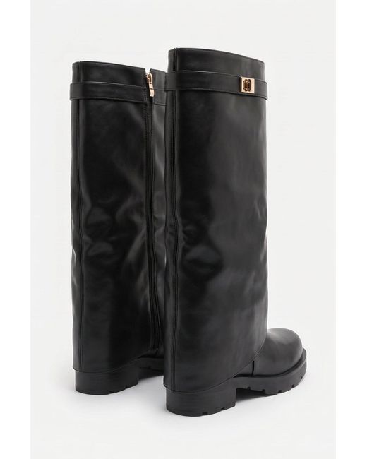 Rebellious Fashion Black Pu Trim Detail Layered Chunky Knee High Biker Boots