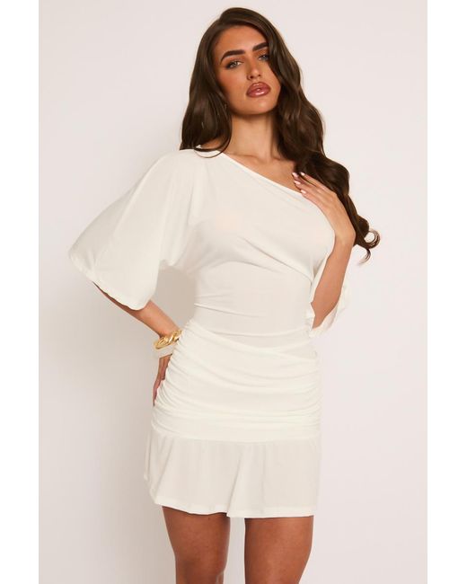 Rebellious Fashion Natural Cream Slouchy Off Shoulder Mini Dress